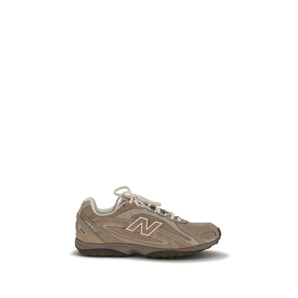 New Balance 204L sneaker in beige suede with a white logo and durable, dark grey treaded sole.