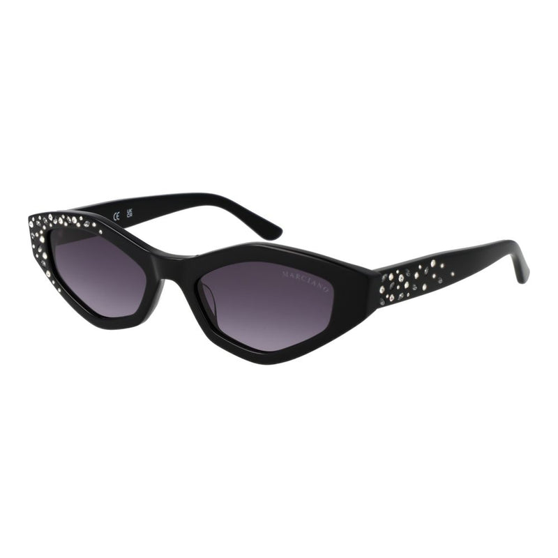 Black acetate cat-eye sunglasses with gradient lenses and rhinestone embellishments on the frames