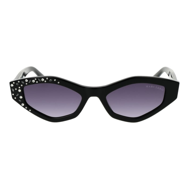 Black acetate cat-eye sunglasses with gradient lenses and rhinestone embellishments on the left temple