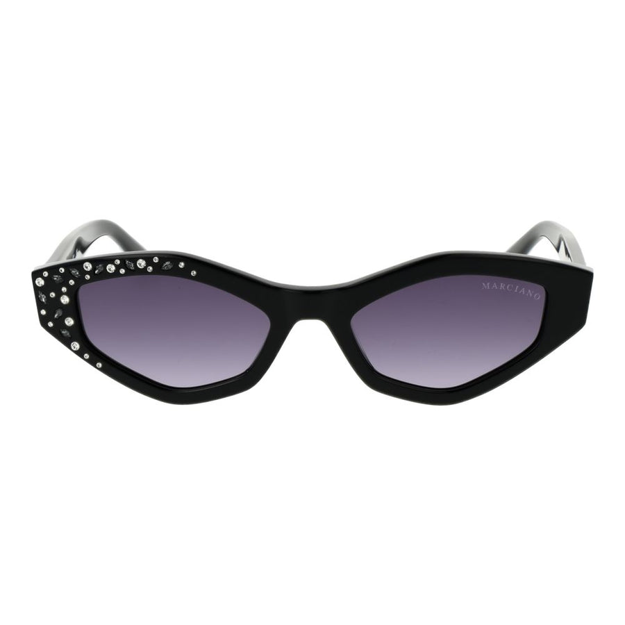 Black acetate cat-eye sunglasses with gradient lenses and rhinestone embellishments on the frames