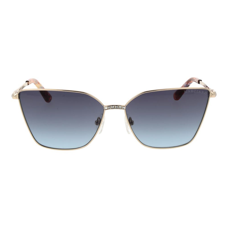 Gold metal sunglasses with gradient blue lenses and crystal embellishment on the bridge