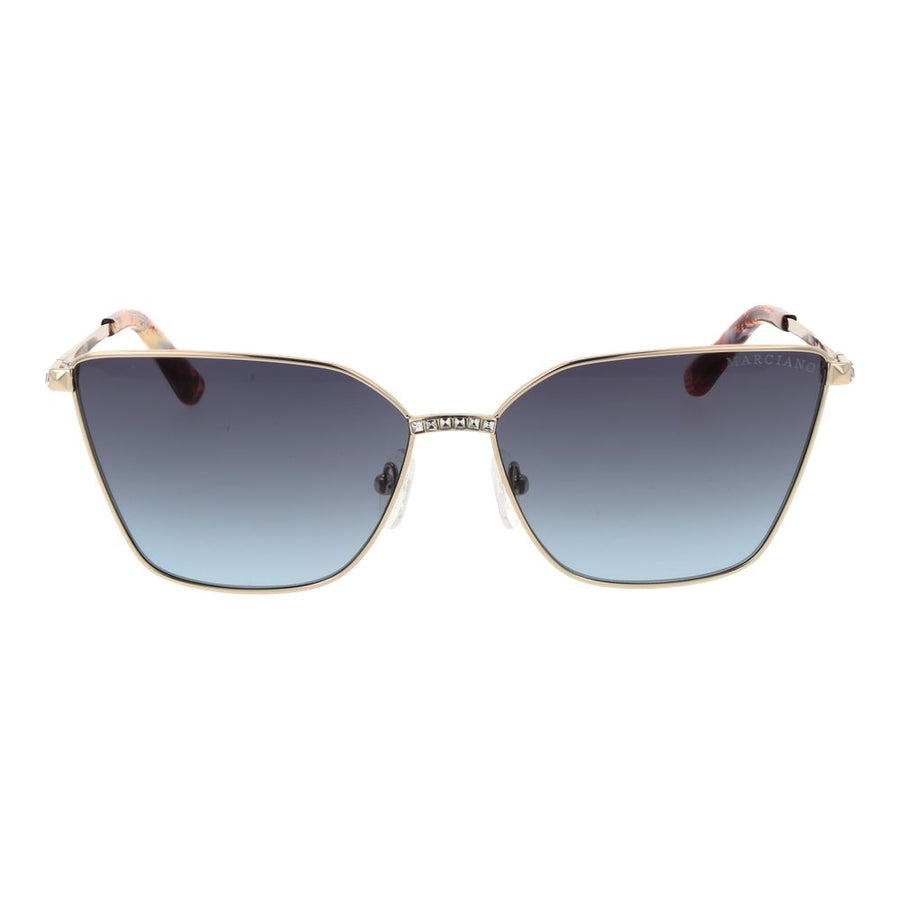 Gold metal sunglasses with gradient blue lenses, rhinestone accents, and tortoiseshell temple tips