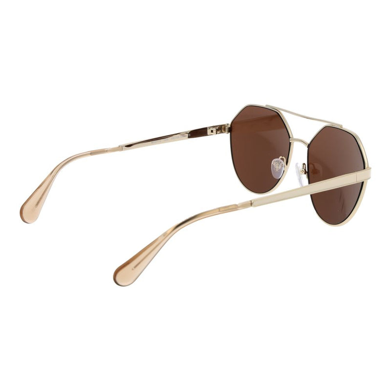 Gold metal geometric sunglasses with brown tinted lenses seen from the side