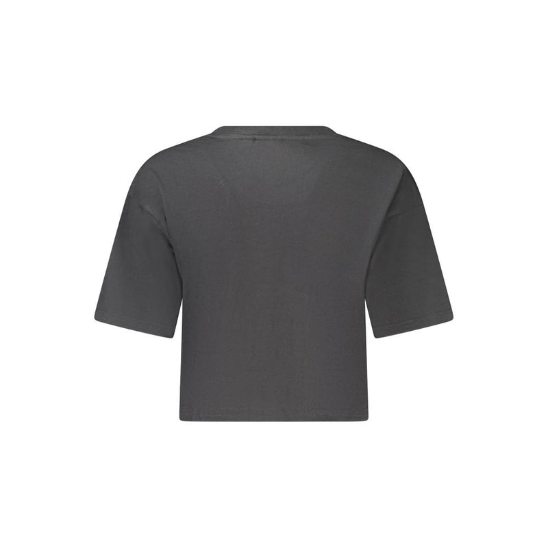 Back of a plain black cotton women's t-shirt