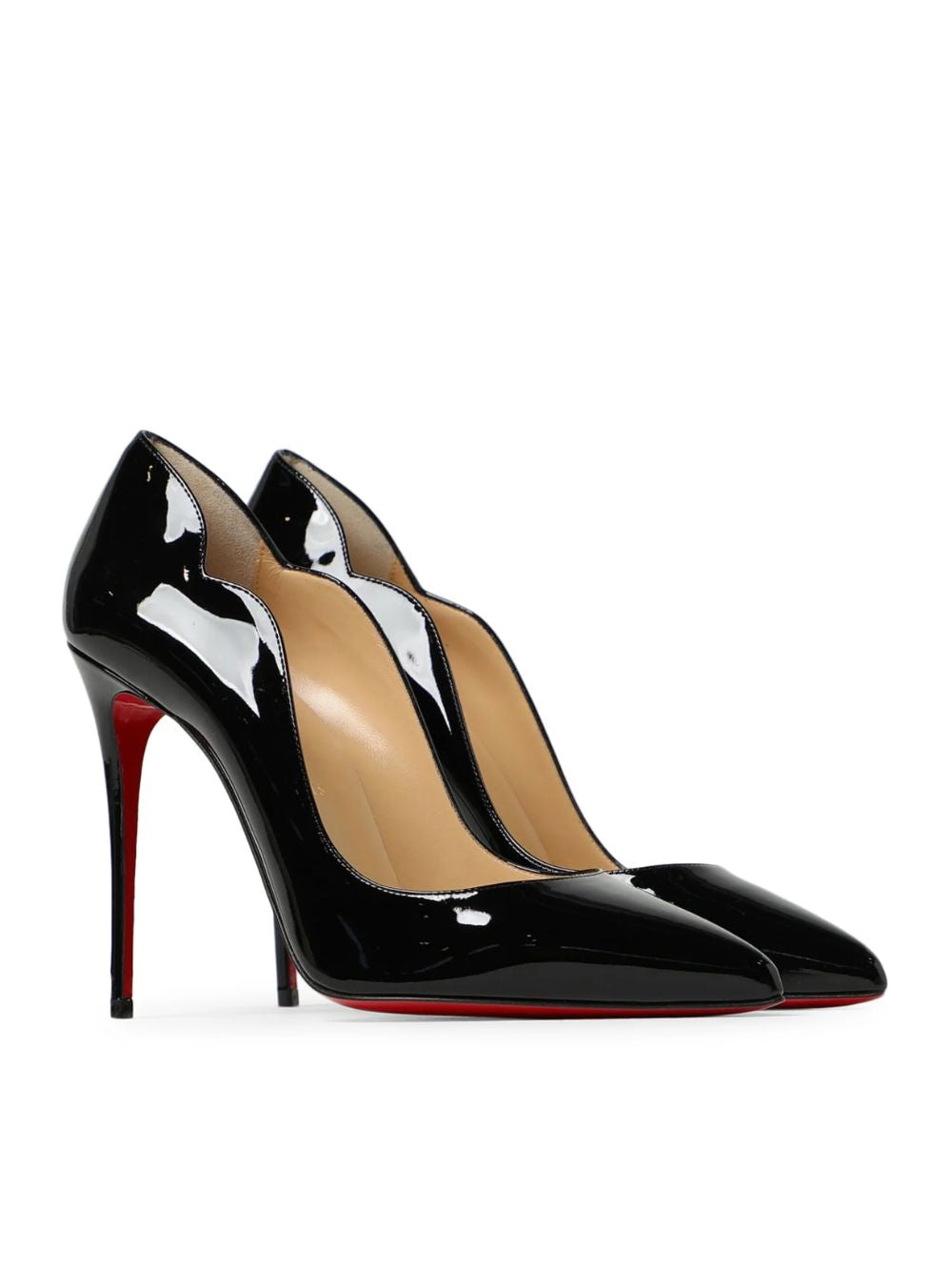 Black patent leather Hot Chick pumps with signature scalloped topline, pointed toe, slim heel, and red soles.