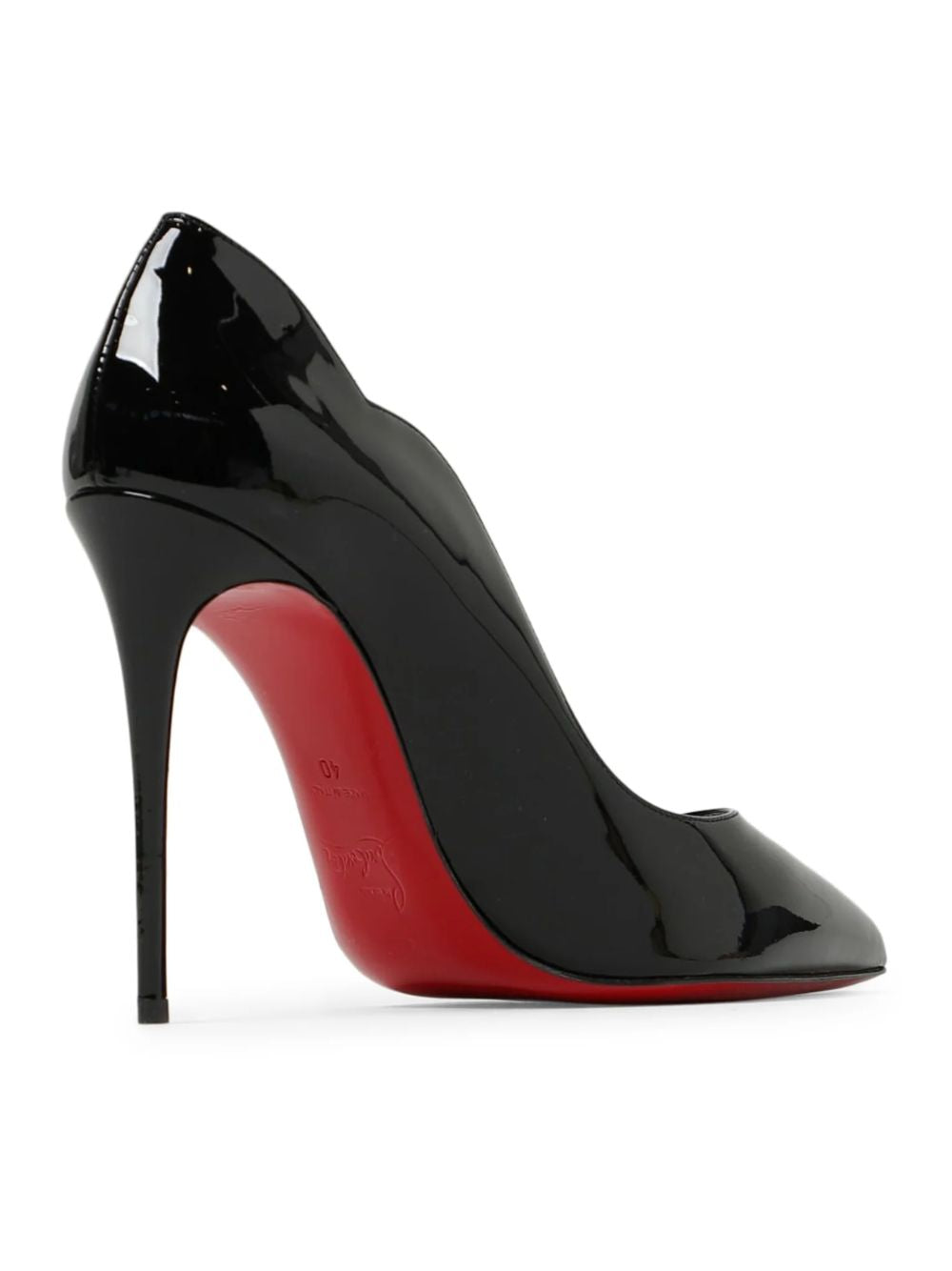 Black patent leather Hot Chick pump with scalloped topline, stiletto heel, and iconic red sole.