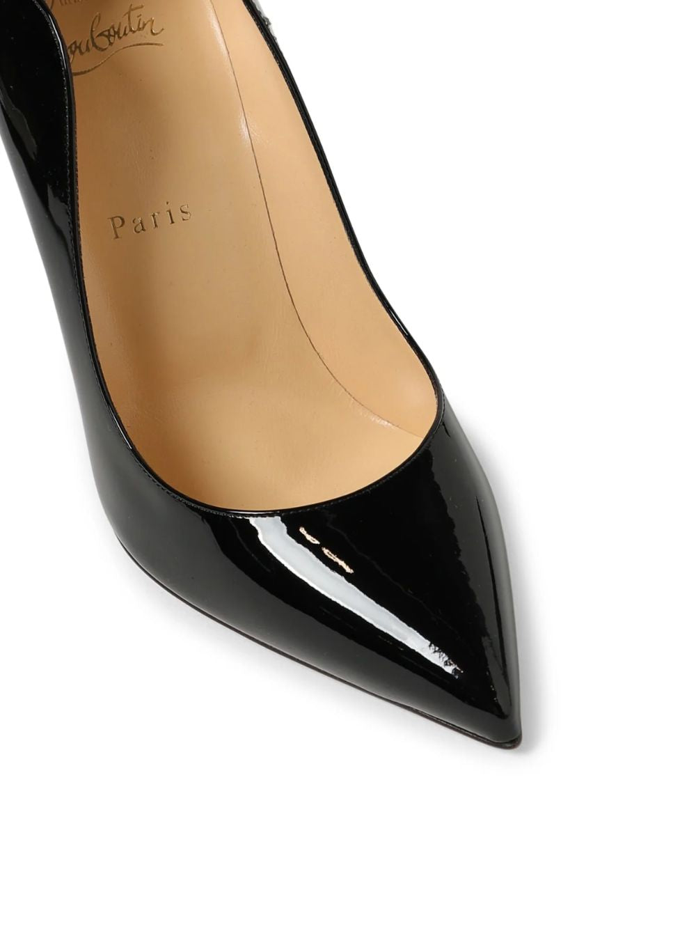 Christian Louboutin black patent leather Hot Chick pump with a pointed toe and tan leather insole.
