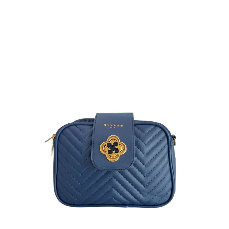 Blue quilted PU women's crossbody bag with gold hardware and flower clasp