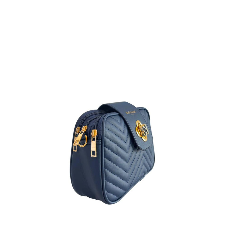 Blue quilted PU women's crossbody bag with gold hardware and flower clasp