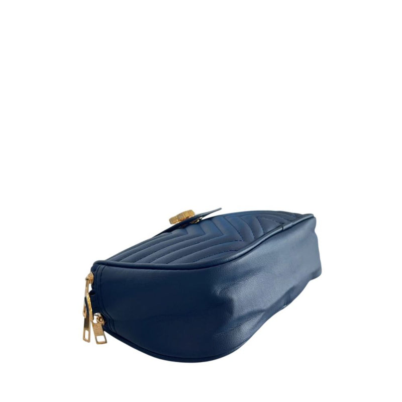 Blue PU leather women crossbody bag with chevron quilting and gold zippers