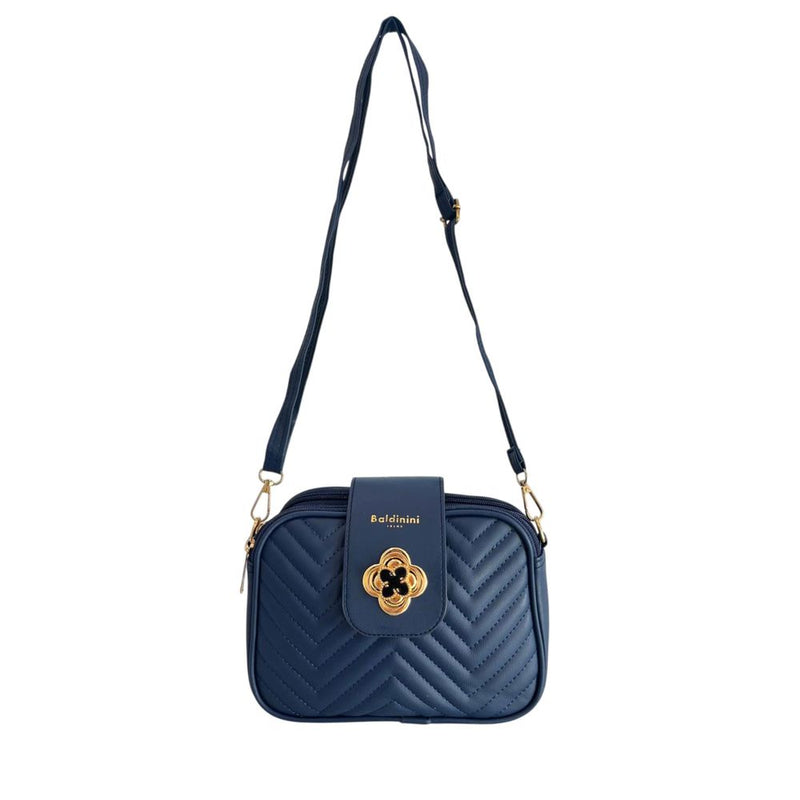 Blue quilted faux leather crossbody bag with a shoulder strap and gold flower clasp closure