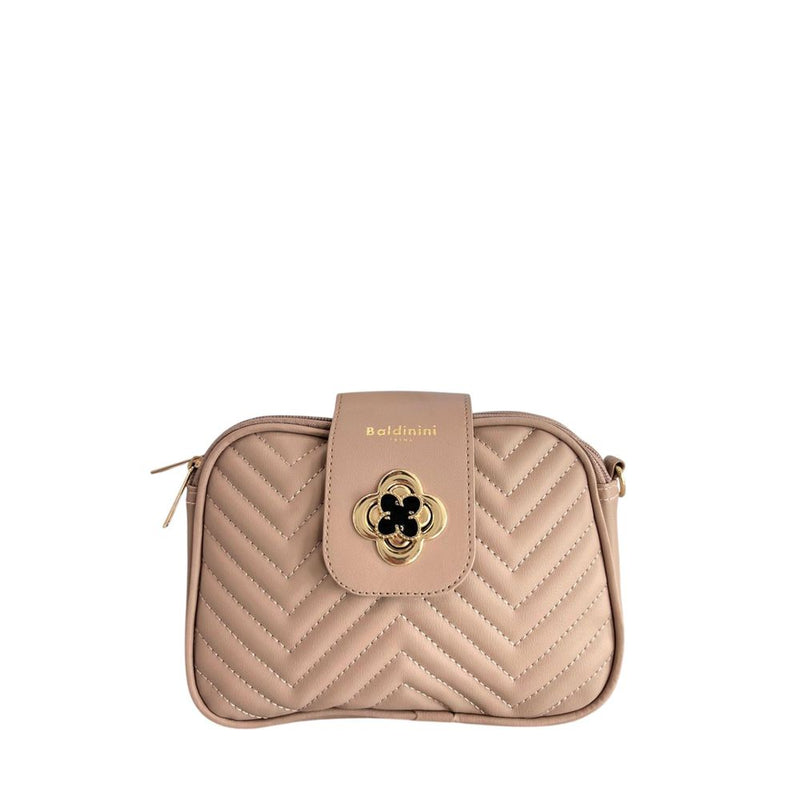 Beige quilted PU leather women's crossbody bag with a decorative clasp