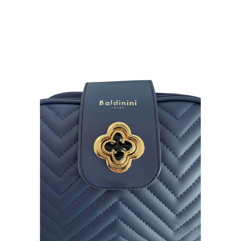 Blue quilted PU women's crossbody bag with a gold and black clover clasp and logo