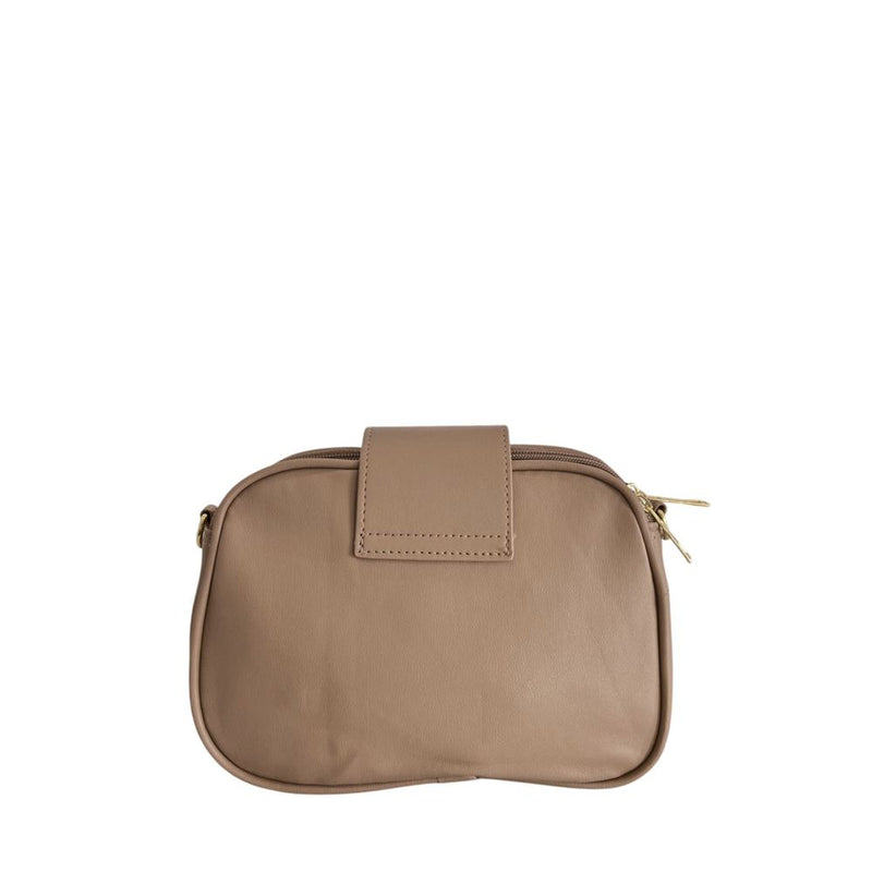 Beige faux leather women's crossbody bag with zipper and flap closure