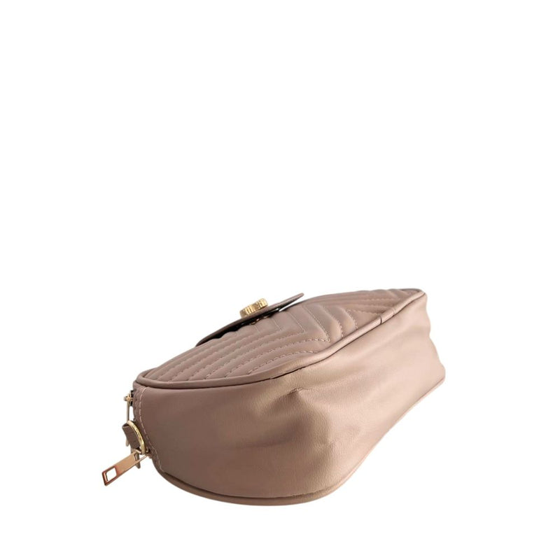 Beige PU leather women's crossbody bag with chevron quilting and gold hardware
