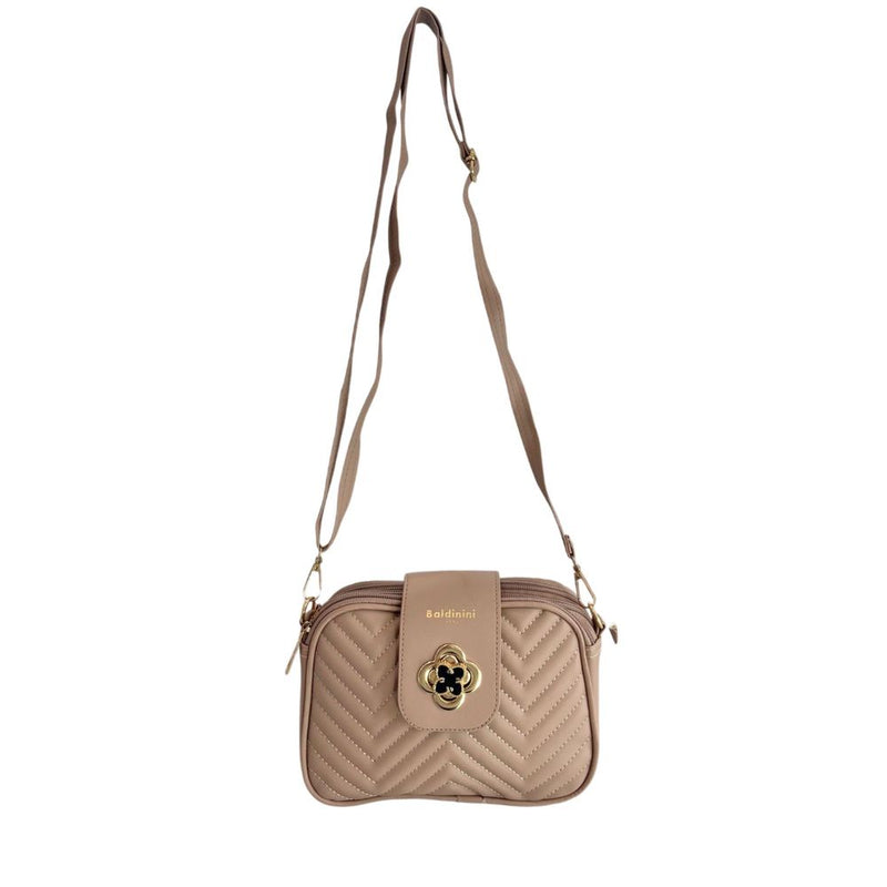 Beige quilted PU leather women's crossbody bag with a long strap and gold hardware closure