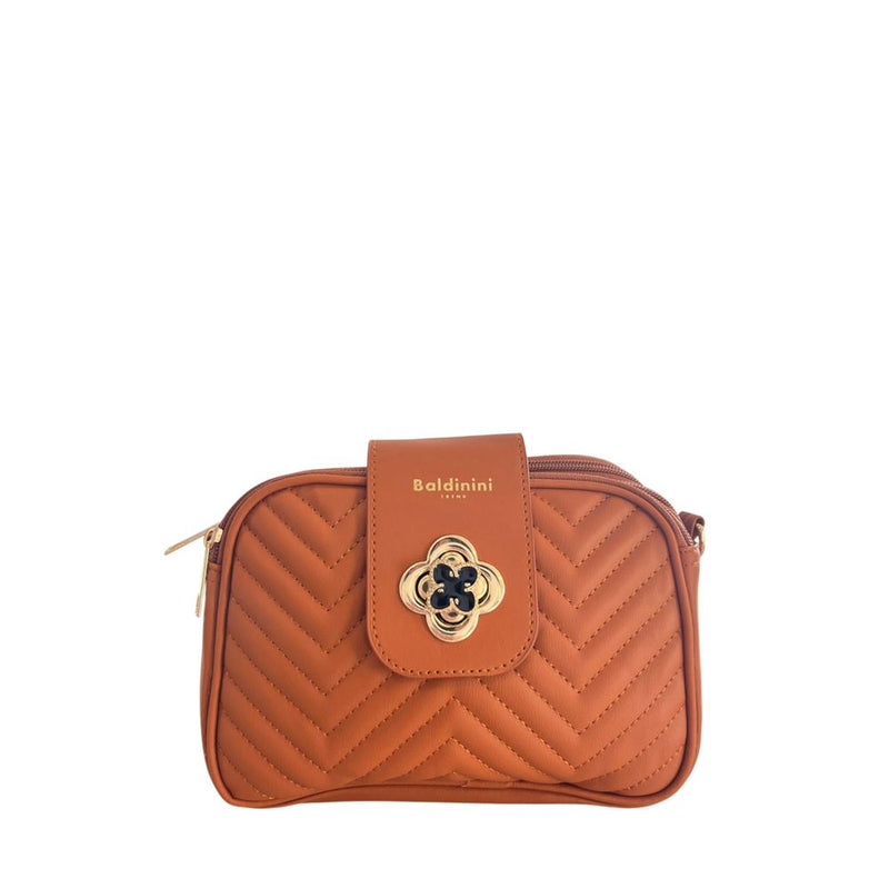 Brown quilted PU leather women's crossbody bag with a decorative clasp