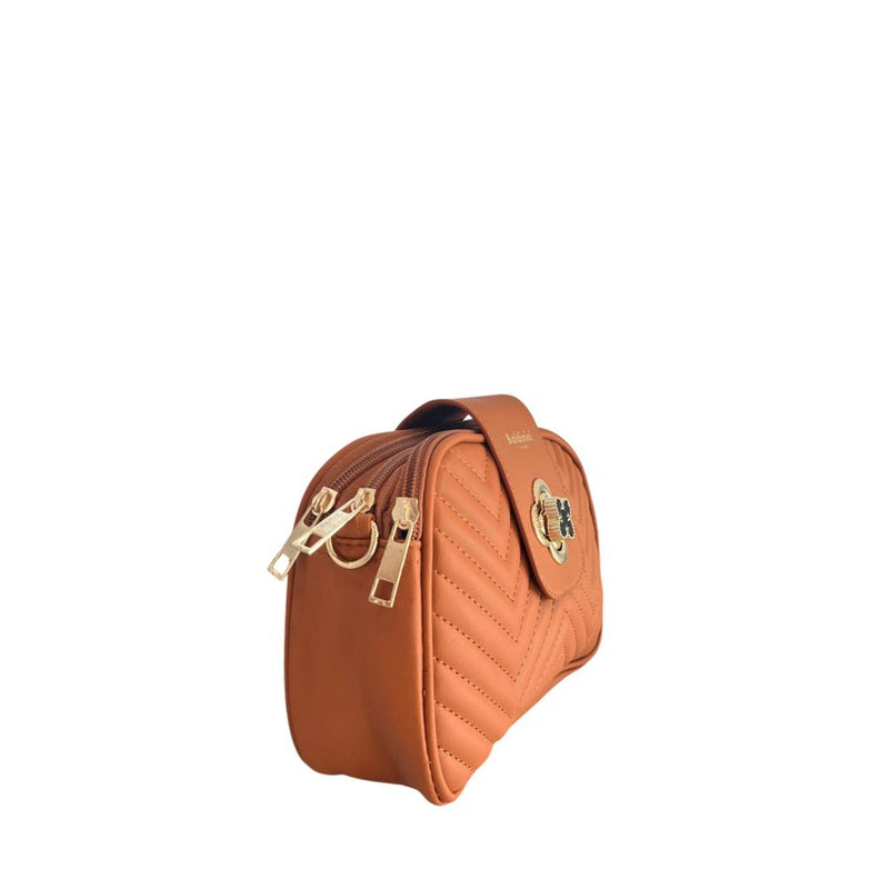 Brown PU leather crossbody bag with chevron quilting and gold hardware