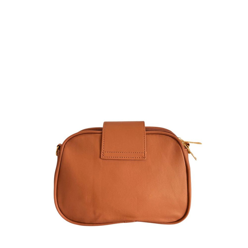 Brown faux leather women's crossbody bag with zipper closure and flap detail