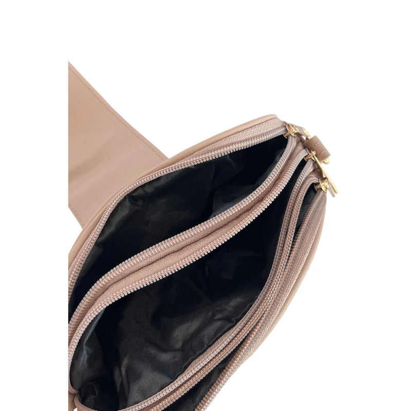 Beige PU leather women's crossbody bag with open zippered compartments and black lining
