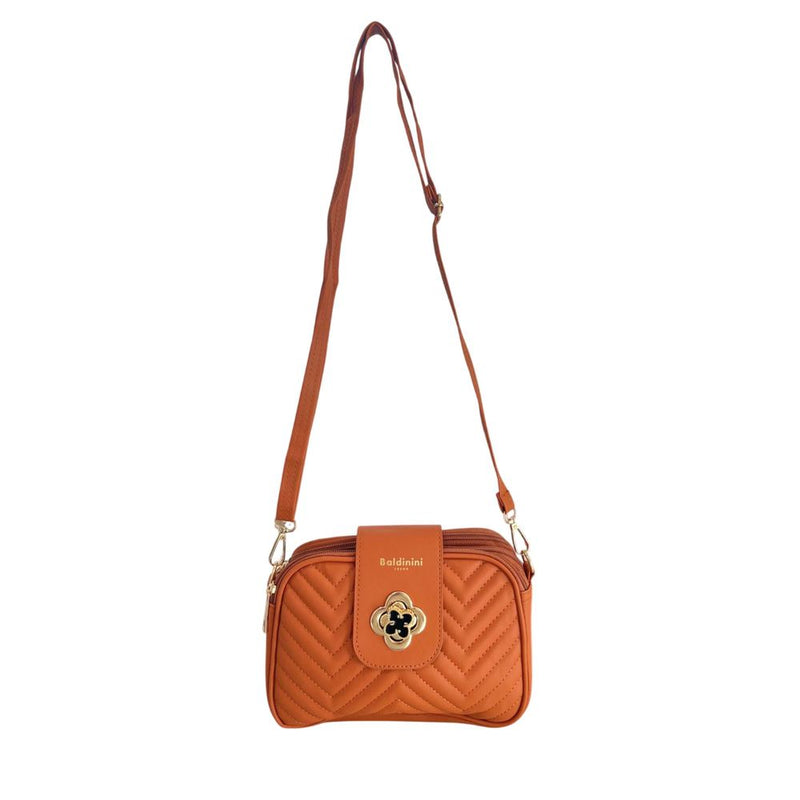 Brown quilted PU leather women's crossbody bag with a long strap and gold flower clasp closure