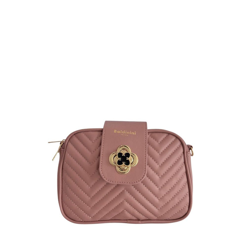 Pink quilted PU leather women's crossbody bag with gold hardware and a floral clasp