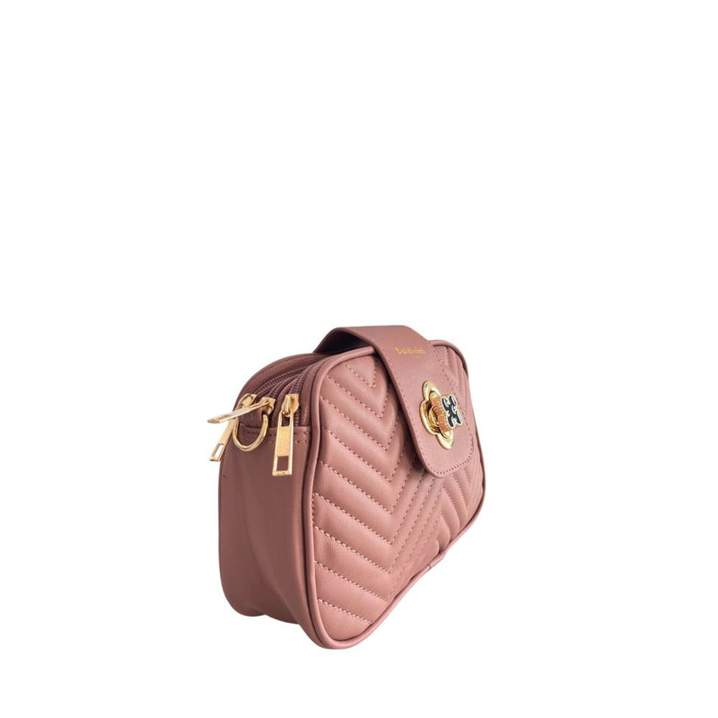 Pink quilted PU leather crossbody bag with gold hardware and a flap closure