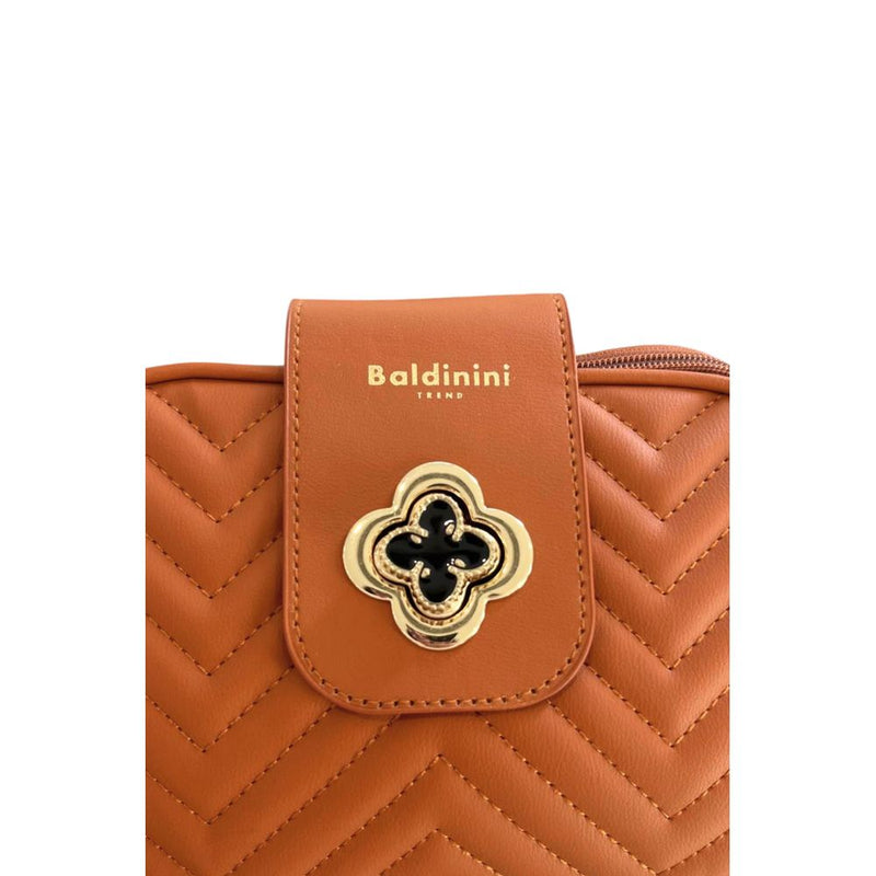 Brown chevron quilted PU leather crossbody bag with flap and gold clover clasp