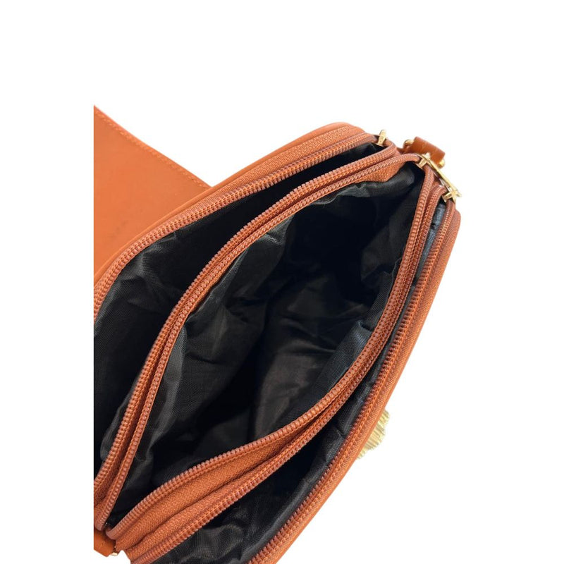Brown faux leather crossbody bag with open zippered compartments and black lining