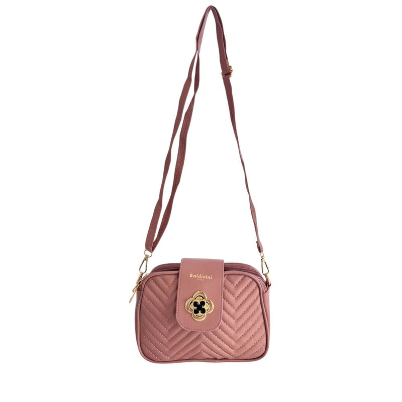 Pink quilted PU leather women's crossbody bag with long strap and gold hardware