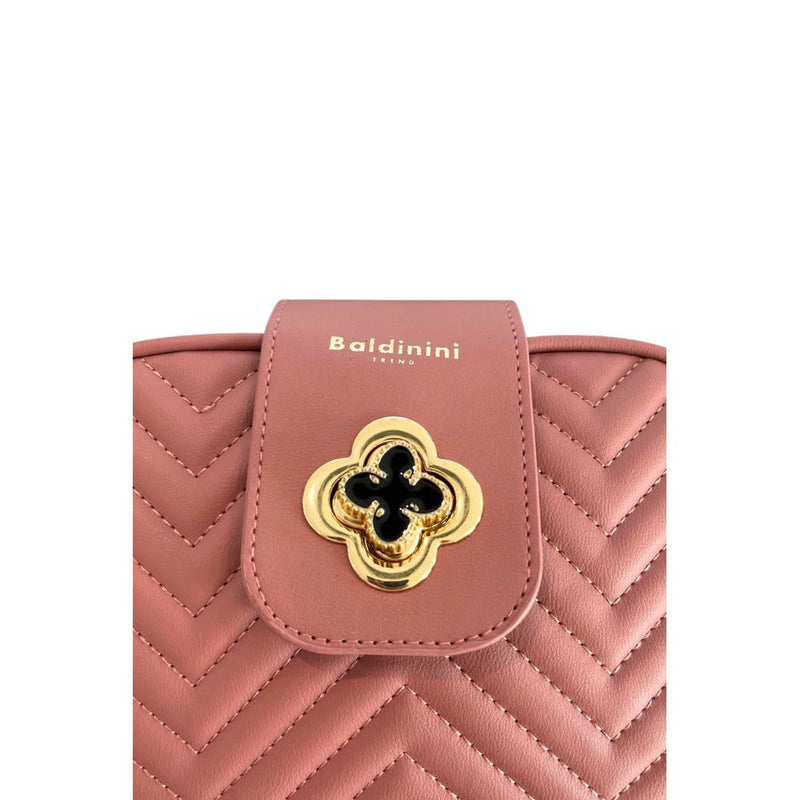Pink quilted PU leather crossbody bag with gold and black clover clasp and Baldinini logo