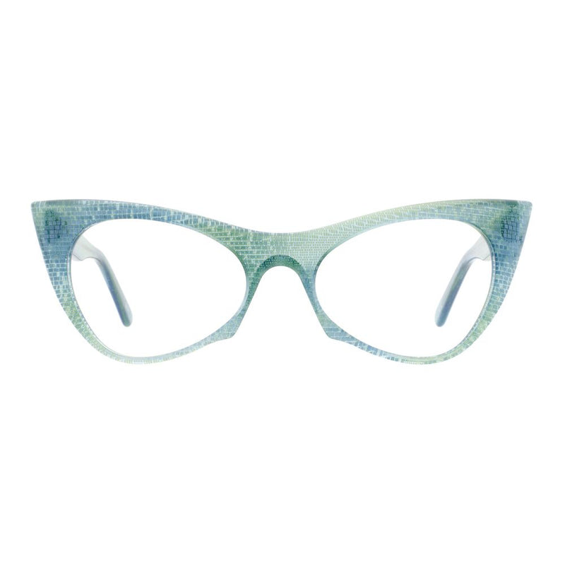 Turquoise cat-eye acetate eyeglass frames with textured snake-skin pattern