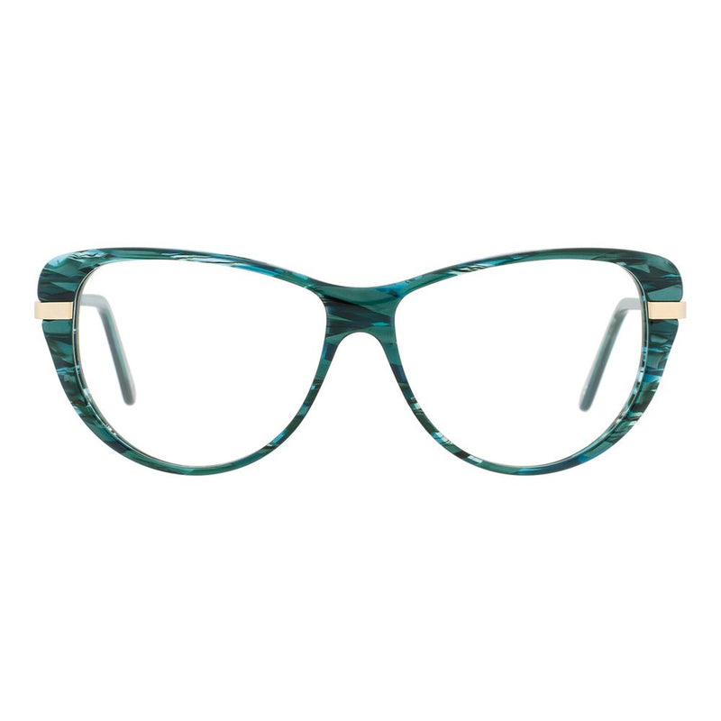 Teal tortoiseshell cat-eye glasses frames with gold metal accents