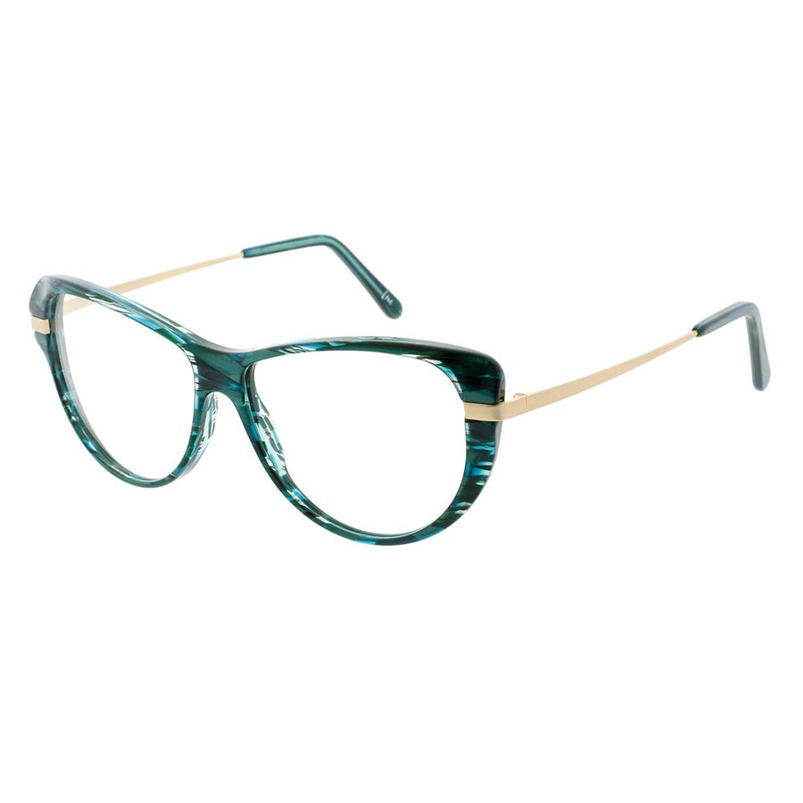 Teal tortoiseshell cat-eye glasses frames with gold metal accents
