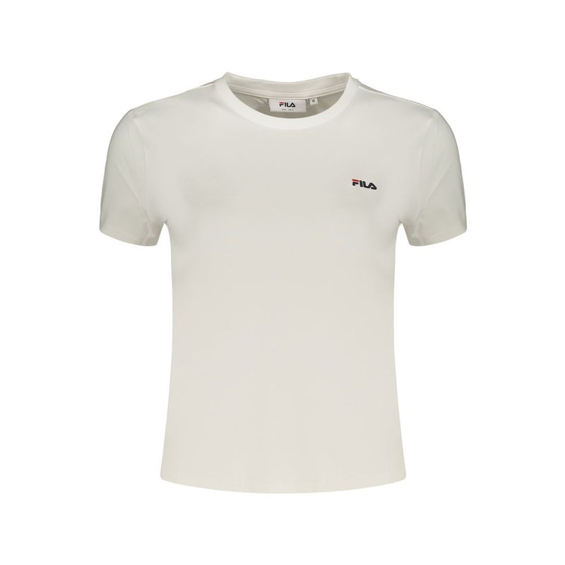 White cotton women's short-sleeve t-shirt with crew neck and small Fila logo on chest