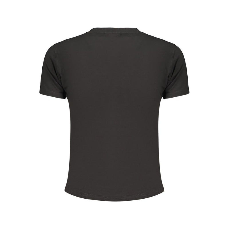 Back view of a plain black cotton women's short-sleeve t-shirt