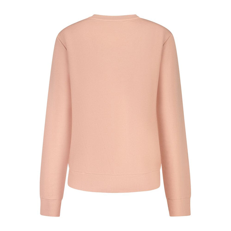 Back view of plain pink cotton women's crewneck sweatshirt with ribbed cuffs and hem