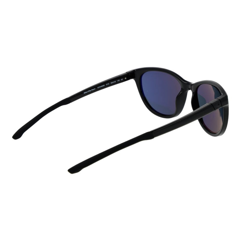 Black plastic sunglasses with dark purple reflective lenses