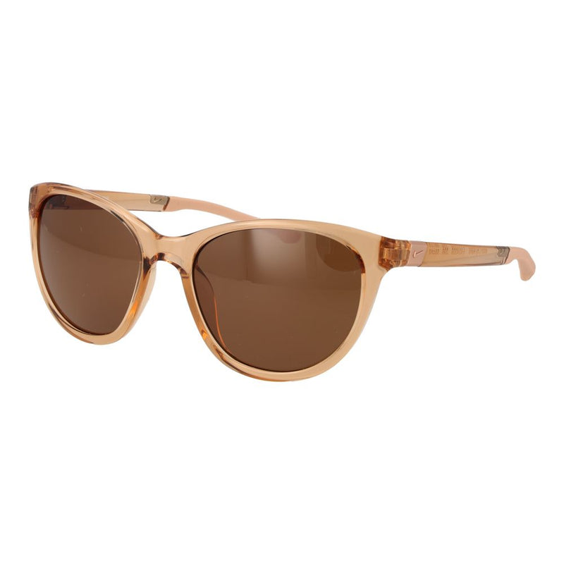 Beige translucent plastic cat-eye sunglasses with brown tinted lenses