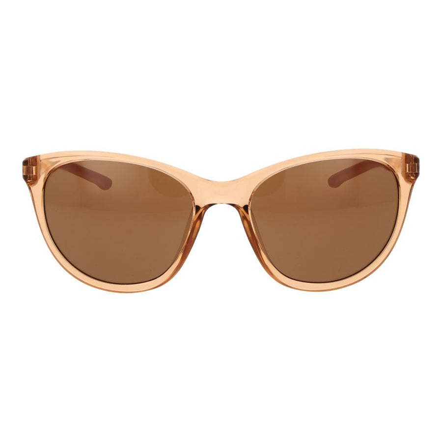 Beige translucent plastic cat-eye sunglasses with brown tinted lenses