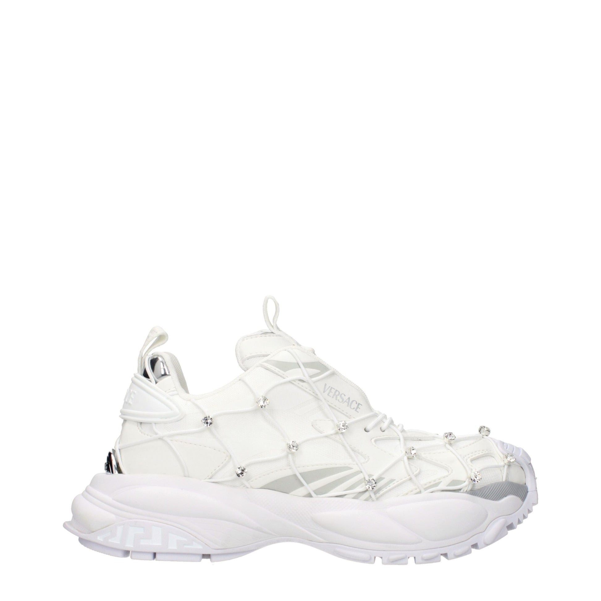 White Versace fabric sneakers with a chunky sole, intricate cord detailing, and crystal accents.