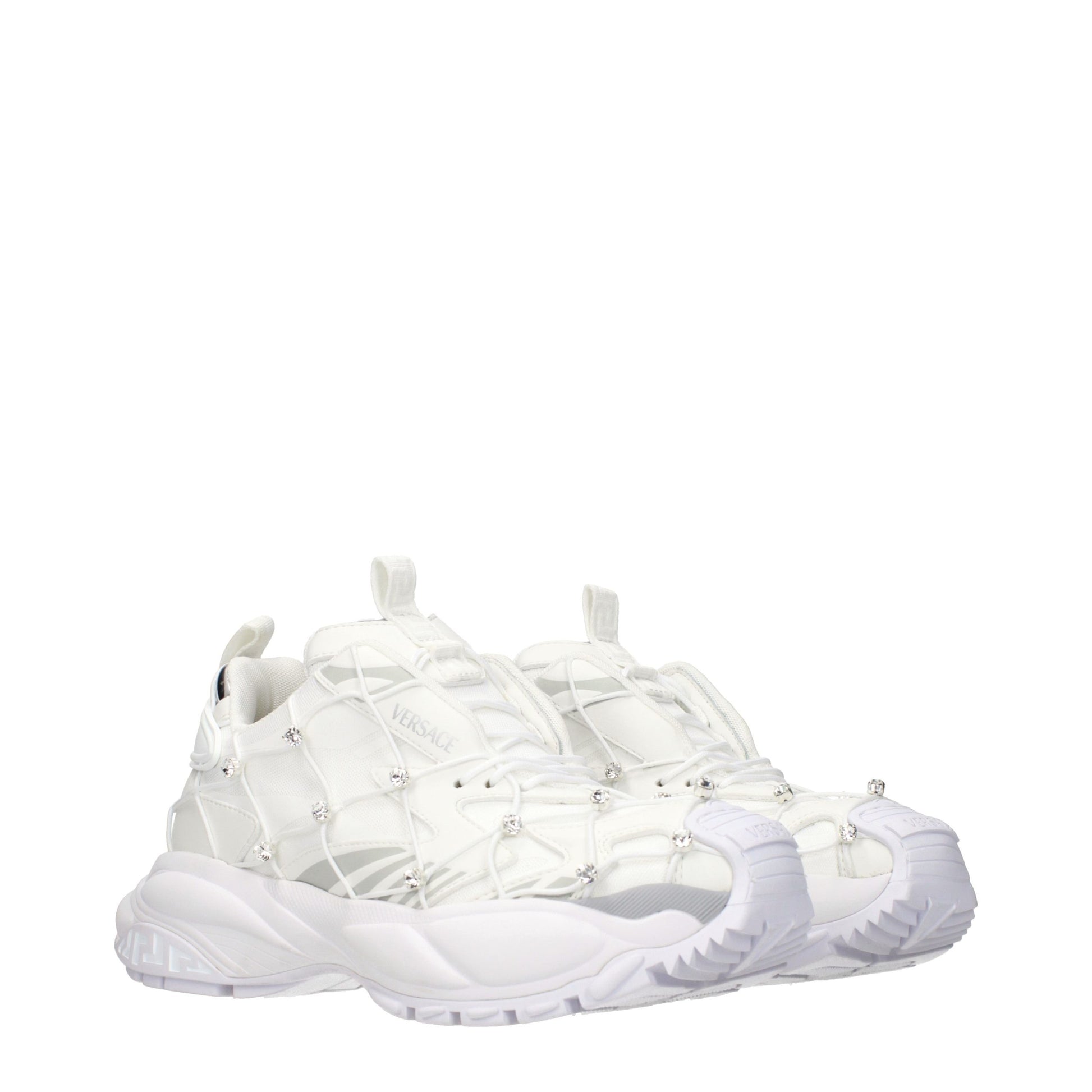 White Versace chunky sneakers in technical fabric with a crystal-embellished net overlay and thick rubber sole.