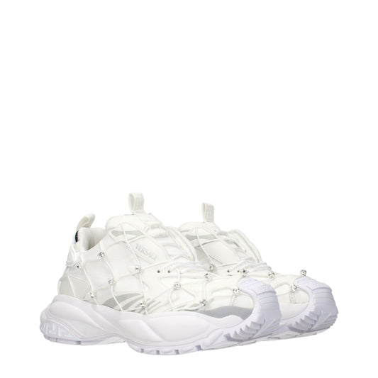 White Versace chunky sneakers in technical fabric with a crystal-embellished net overlay and thick rubber sole.