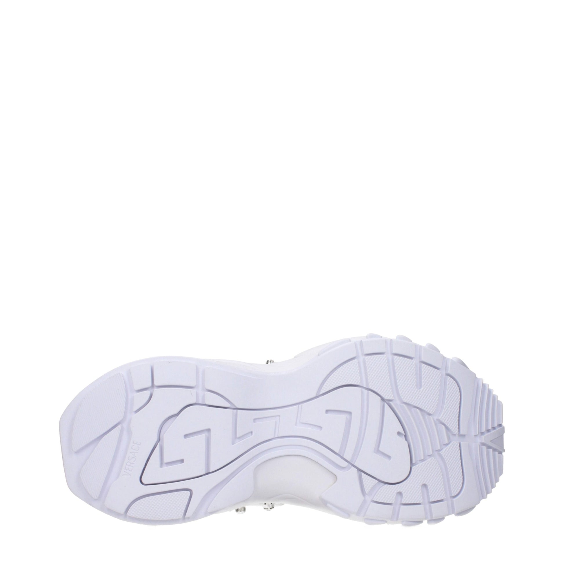 Bottom view of white Versace sneaker featuring a chunky rubber sole with the iconic Greek key pattern.
