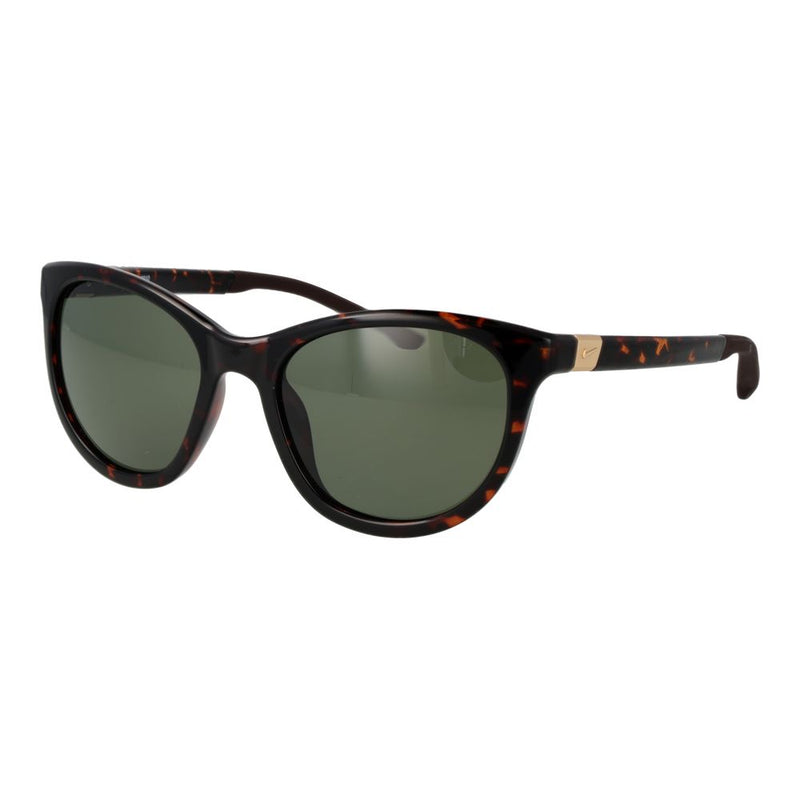 Brown tortoiseshell plastic sunglasses with dark green lenses and gold temple accents