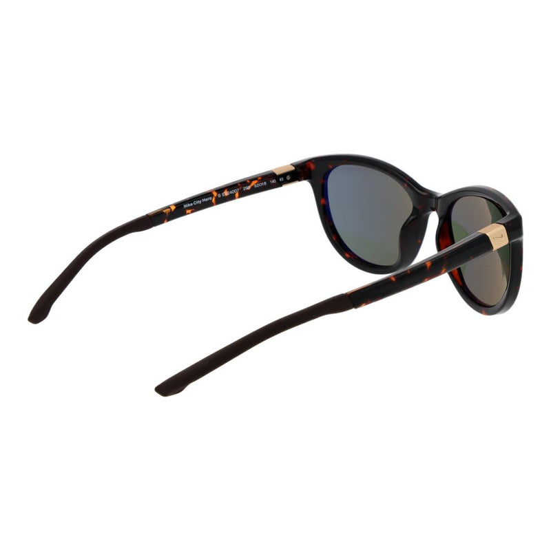 Nike brown tortoiseshell plastic sunglasses with dark lenses viewed from the rear and side