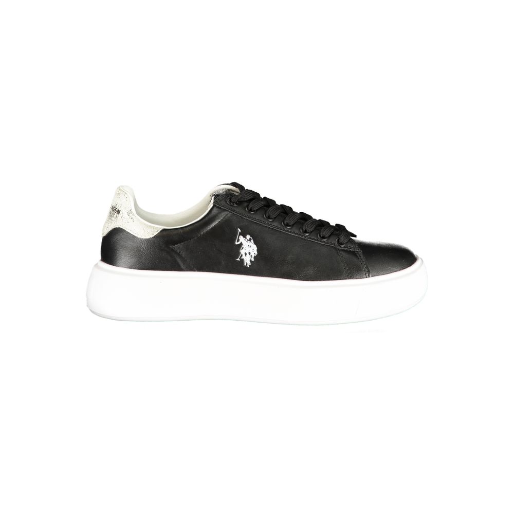 U.S. POLO ASSN. black polyurethane women's lace-up sneaker with white platform sole and logo detail.