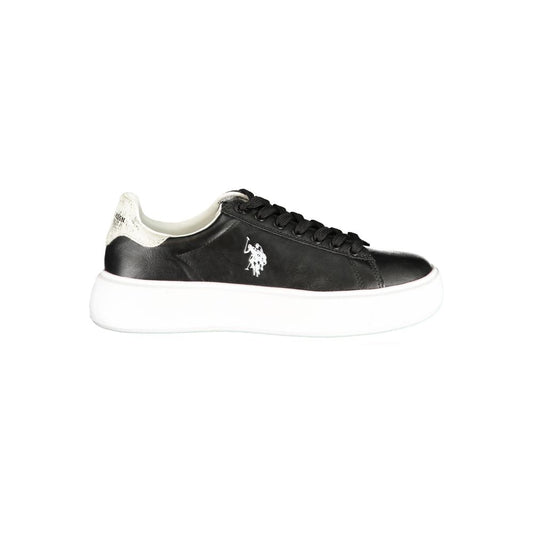 U.S. POLO ASSN. black polyurethane women's lace-up sneaker with white platform sole and logo detail.