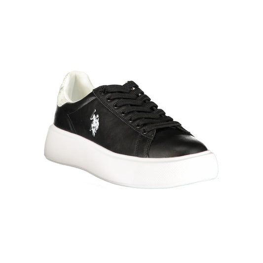 U.S. Polo Assn. black polyurethane women's platform sneaker with white sole and branded logo detail.