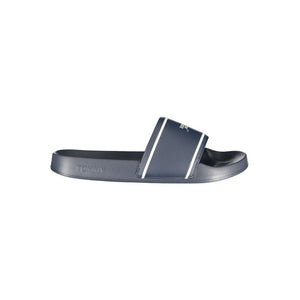 Tommy Hilfiger blue polyurethane slide sandal for women with white stripe detail and logo branding.